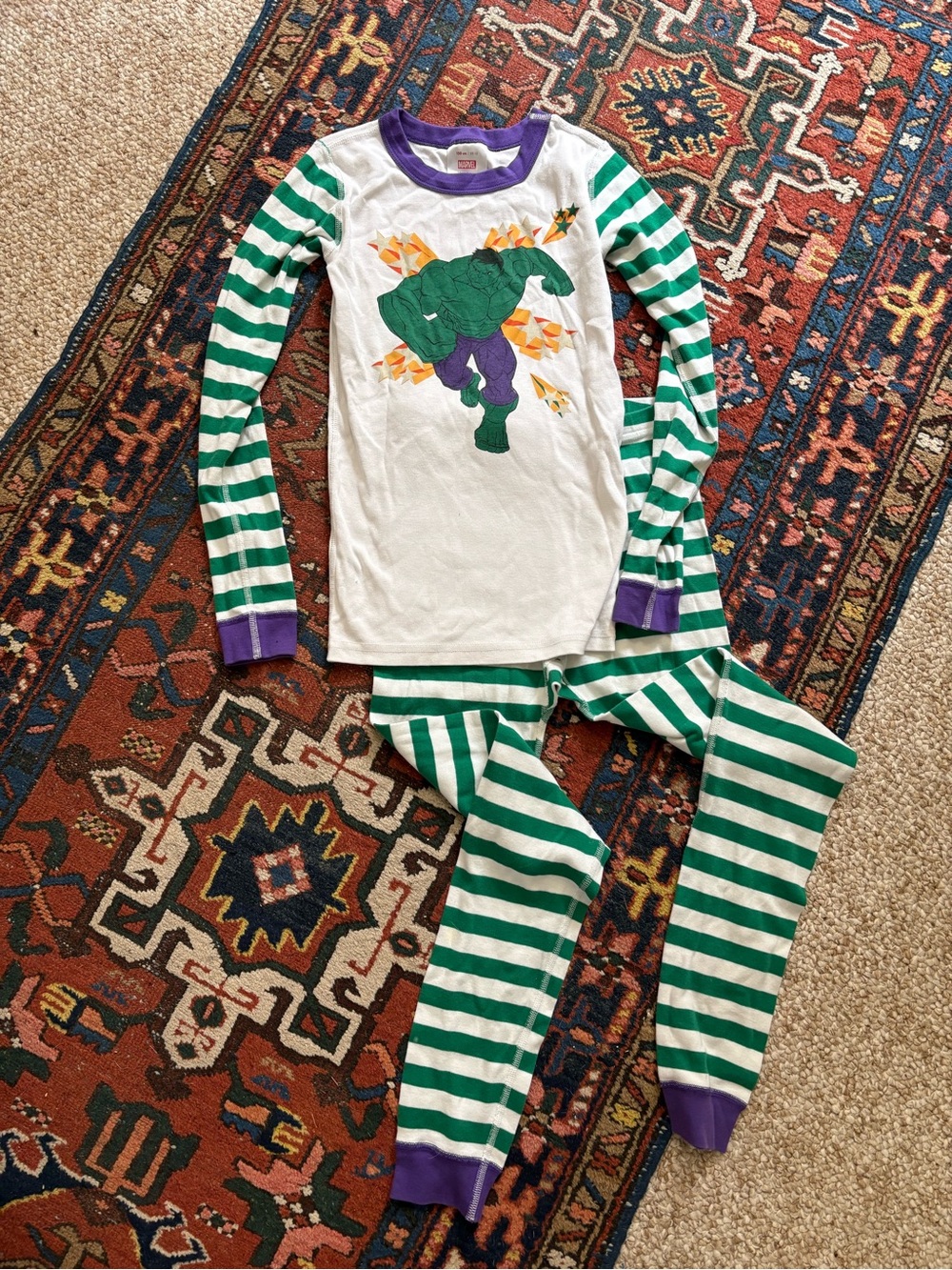 Hanna Andersson Green White Striped Superhero Hulk marvel Pajama Set Purple Trim